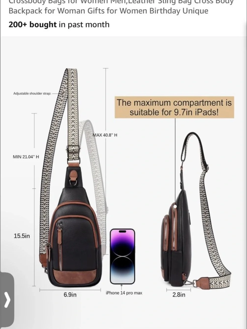 NWOT Classic Black and Brown Crossbody Sling Backpack - Everyday Hands-Free Bag